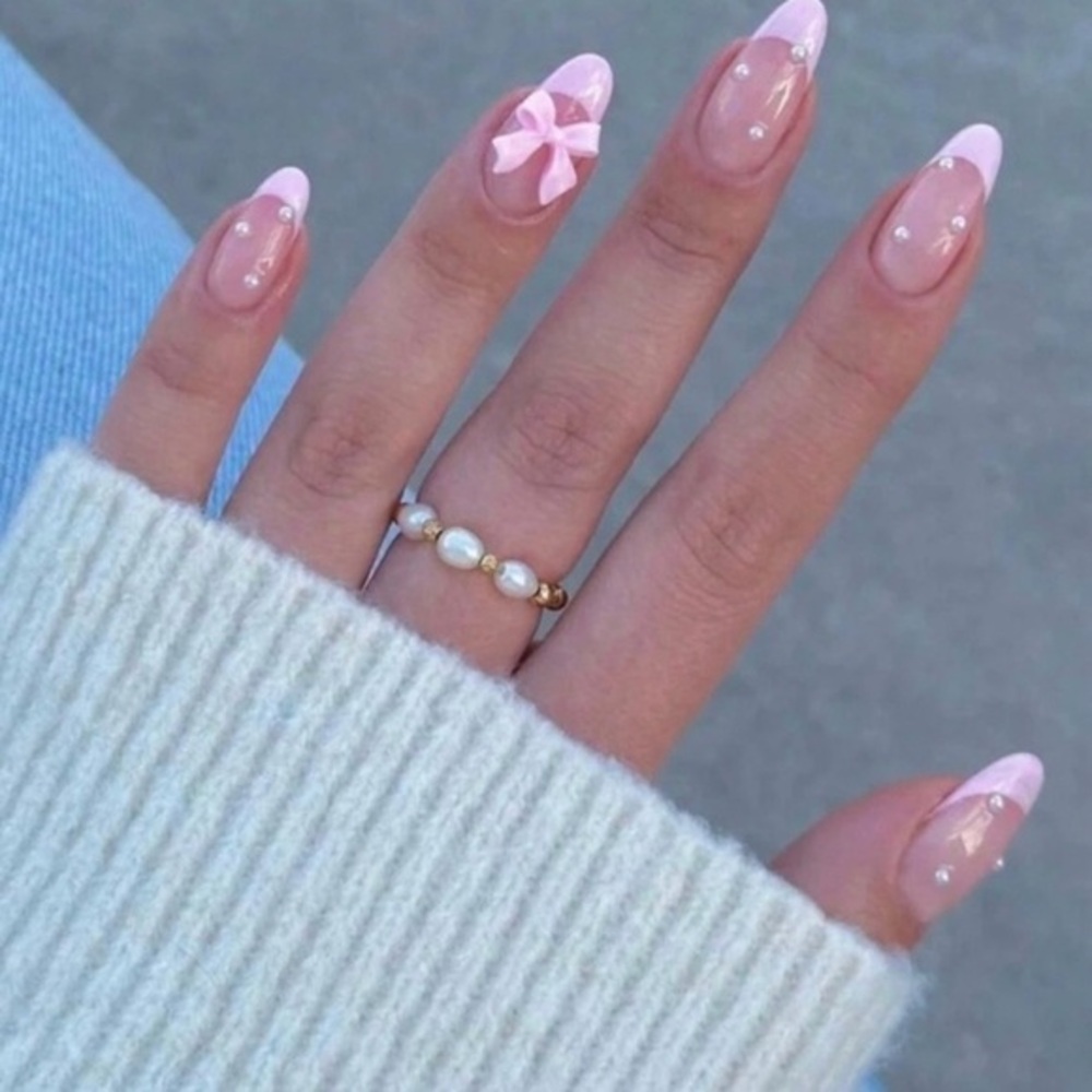 Coquette Pink Nail Art with Bow Design Almond Shape 24 Set Press On Nails